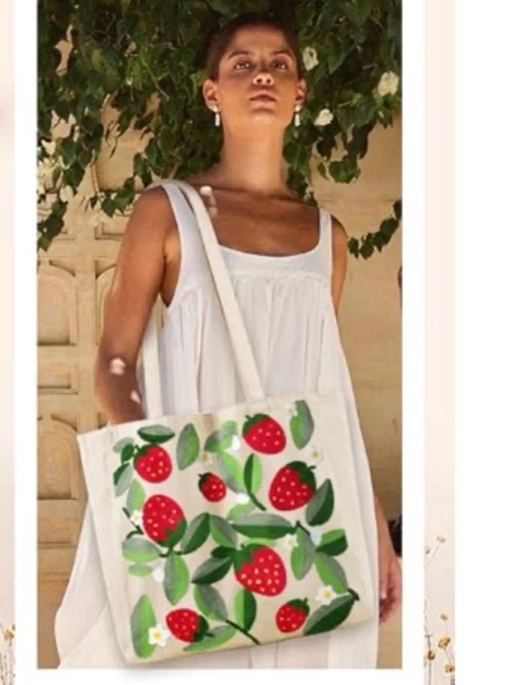 Strawberry embroidered canvas tote bag